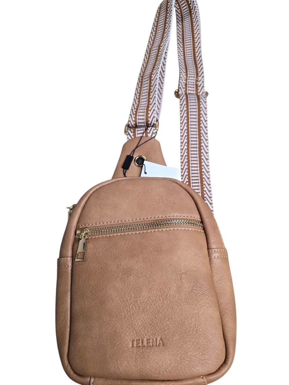 Telena Tan Crossbody Bag with Striped Adjustable Strap